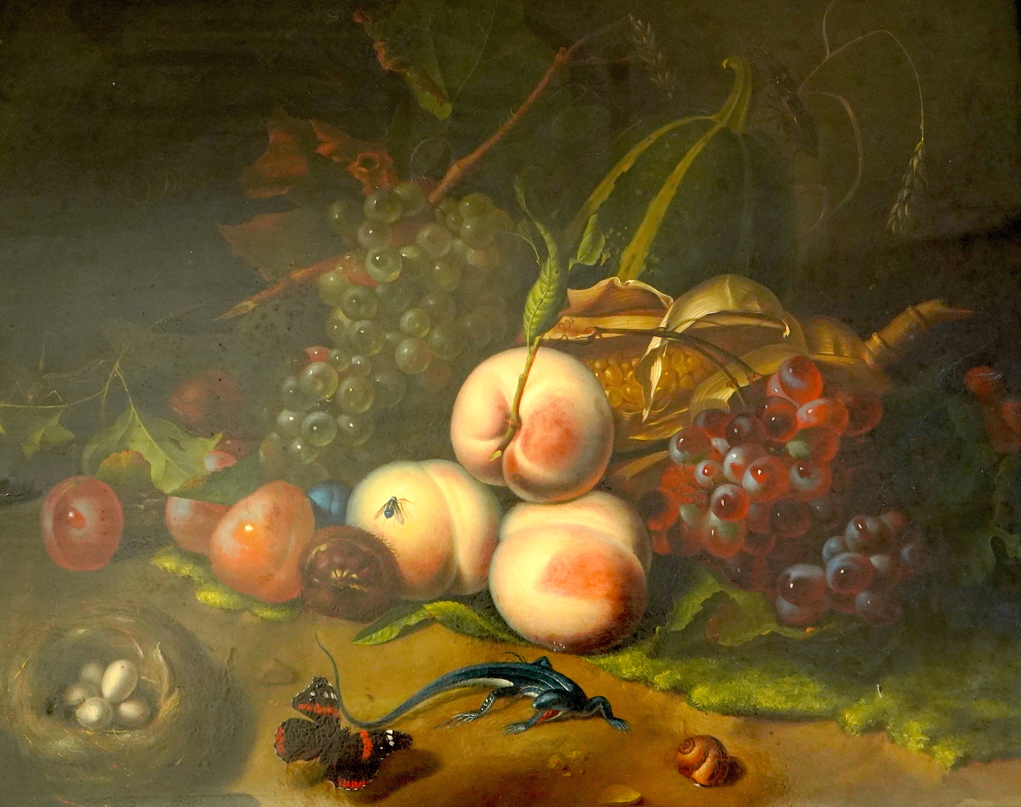 Circle of Rachel Ruysch (Dutch, 1664-1750), Still life of fruit with a lizard, bird's nest and butterfly, oil on wooden panel, 41 x 51cm